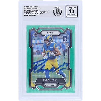 Puka Nacua Los Angeles Rams Autographed 2023 Panini Prizm Green Wave Prizm #357 Beckett Fanatics Witnessed Authenticated 10 Rookie Card