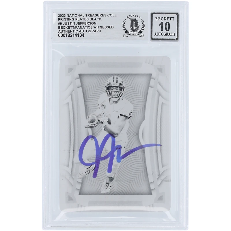 Justin Jefferson Minnesota Vikings Autographed 2023 Panini National Treasures Collegiate Black Printing Plate #9 #1/1 Beckett Fanatics Witnessed Authenticated 10 Card