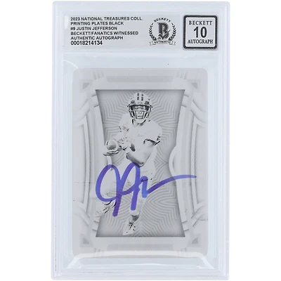 Justin Jefferson Minnesota Vikings Autographed 2023 Panini National Treasures Collegiate Black Printing Plate #9 #1/1 Beckett Fanatics Witnessed Authenticated 10 Card