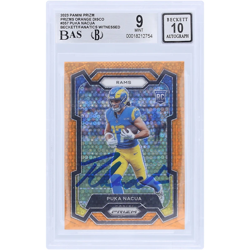 Puka Nacua Los Angeles Rams Autographed 2023 Panini Prizm Orange Disco Prizm #357 Beckett Fanatics Witnessed Authenticated 9/10 Rookie Card