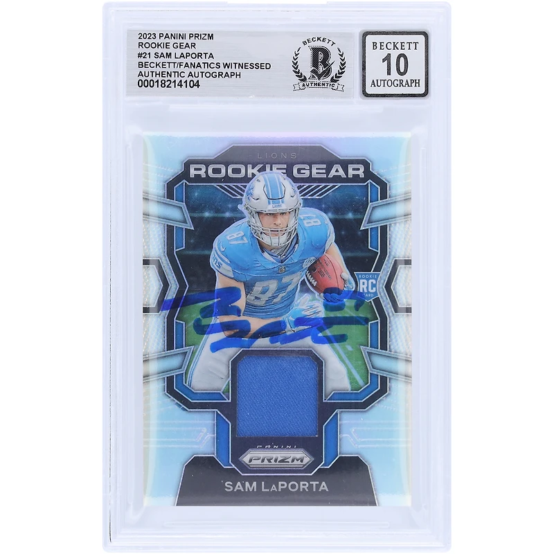 Sam LaPorta Detroit Lions Autographed 2023 Panini Prizm Rookie Gear Relic #RG-SL Beckett Fanatics Witnessed Authenticated 10 Rookie Card
