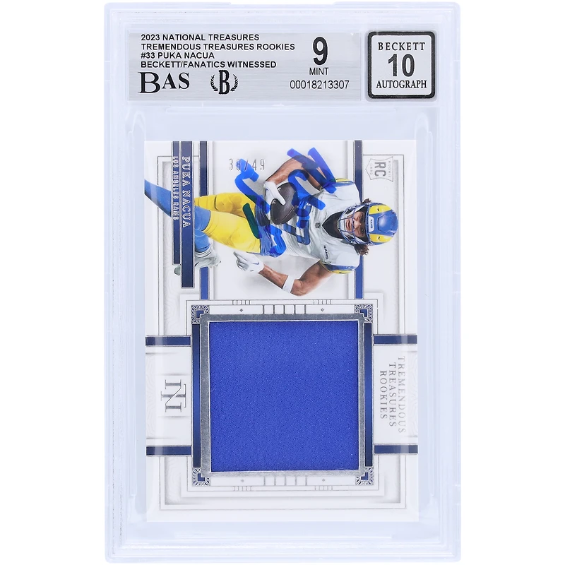 Puka Nacua Los Angeles Rams Autographed 2023 Panini National Treasures Tremendous Treasures Rookies Relic #TTR-PNA #/49 Beckett Fanatics Witnessed Authenticated 9/10 Rookie Card