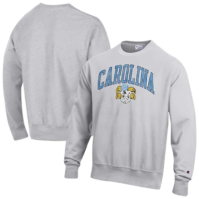 Men's Champion Gray North Carolina Tar Heels Distressed Arch Over Logo Reverse Weave Crew Neck Sweatshirt