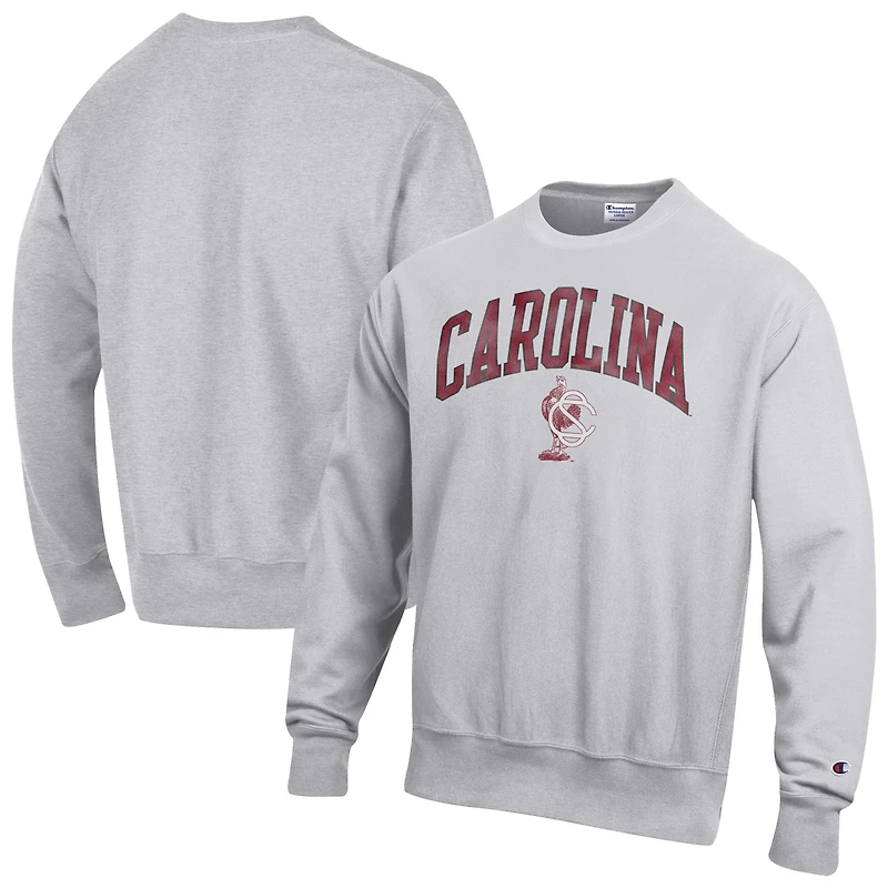 Men's Champion Gray South Carolina Gamecocks Distressed Arch Over Logo Reverse Weave Crew Neck Sweatshirt