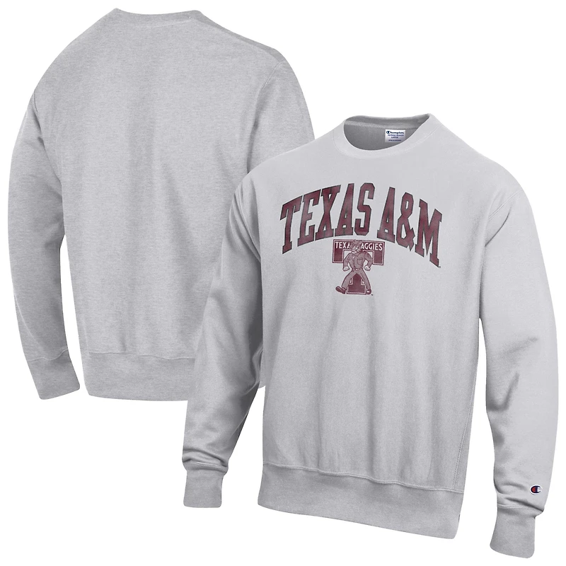 Men's Champion Gray Texas A&M Aggies Distressed Arch Over Logo Reverse Weave Crew Neck Sweatshirt