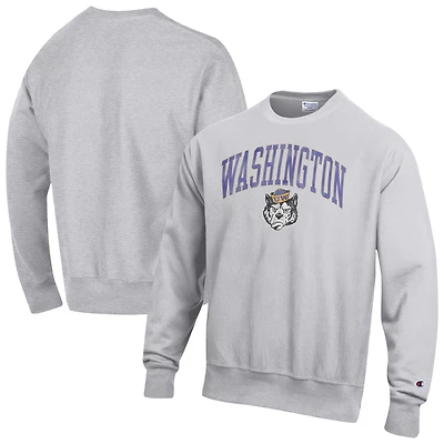 Men's Champion Gray Washington Huskies Distressed Arch Over Logo Reverse Weave Crew Neck Sweatshirt