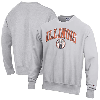Men's Champion Heather Gray Illinois Fighting Illini Distressed Arch Over Logo Reverse Weave Crew Neck Sweatshirt