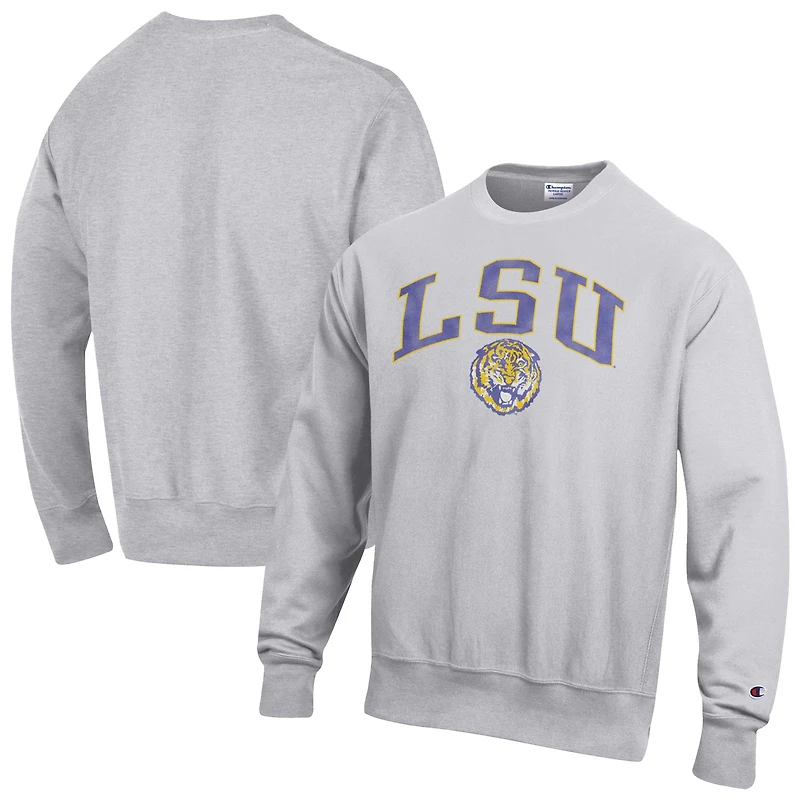 Men's Champion Gray LSU Tigers Distressed Arch Over Logo Reverse Weave Crew Neck Sweatshirt