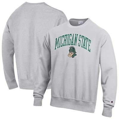 Men's Champion Gray Michigan State Spartans Distressed Arch Over Logo Reverse Weave Crew Neck Sweatshirt