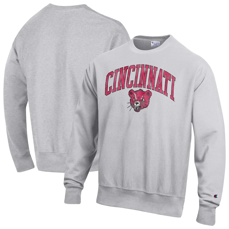 Men's Champion Gray Cincinnati Bearcats Distressed Arch Over Logo Reverse Weave Crew Neck Sweatshirt