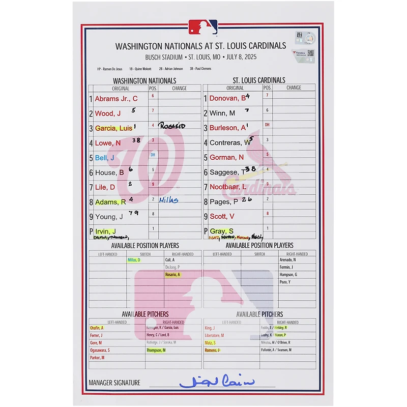 Washington Nationals Game-Used Lineup Card vs. St. Louis Cardinals on July 8, 2025