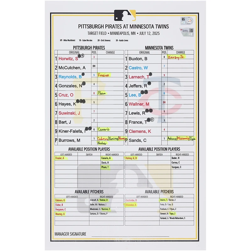 Pittsburgh Pirates Game-Used Lineup Card vs. Minnesota Twins on July 12, 2025