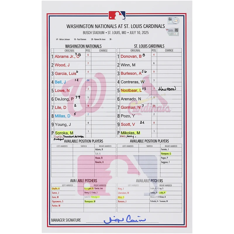 Washington Nationals Game-Used Lineup Card vs. St. Louis Cardinals on July 10, 2025