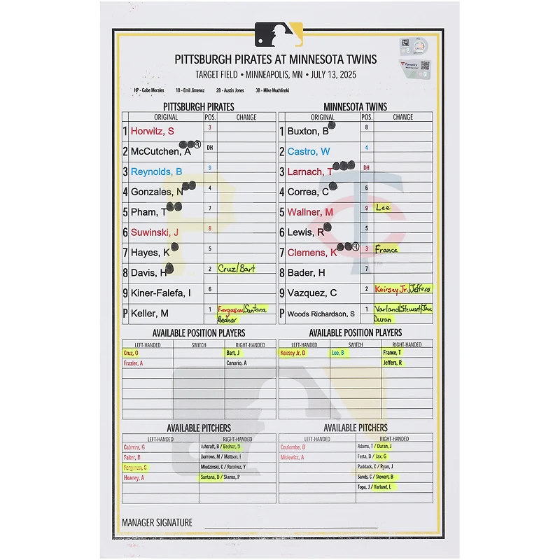 Pittsburgh Pirates Game-Used Lineup Card vs. Minnesota Twins on July 13, 2025