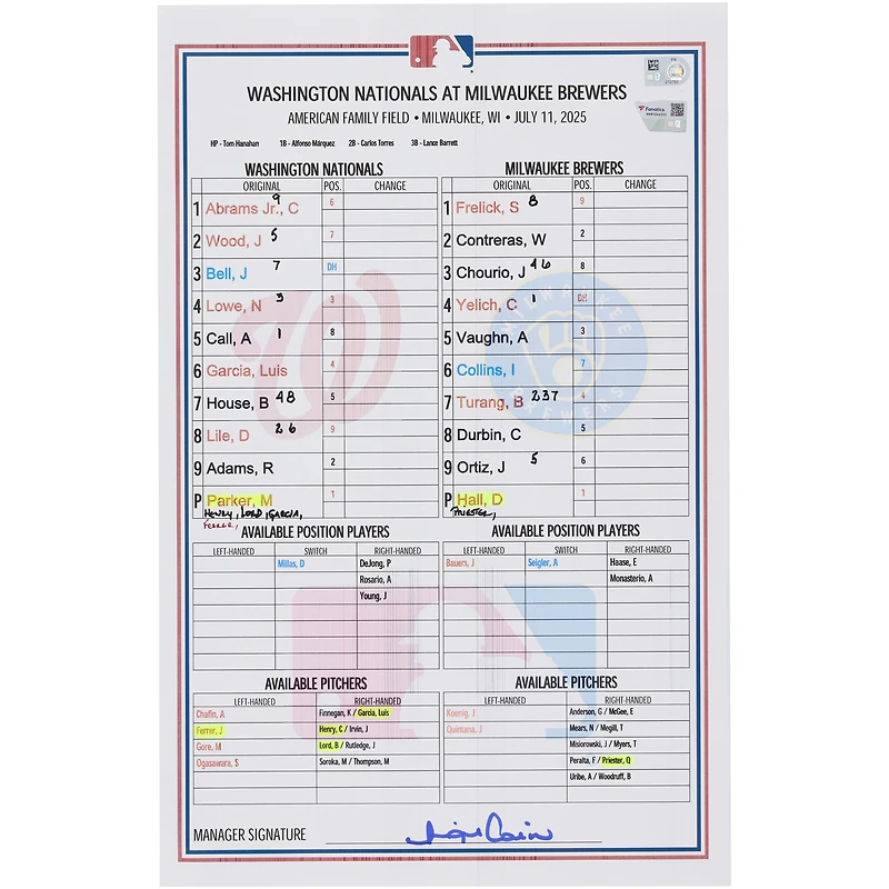 Washington Nationals Game-Used Lineup Card vs. Milwaukee Brewers on July 11, 2025