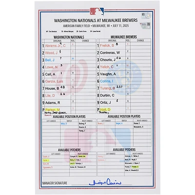 Washington Nationals Game-Used Lineup Card vs. Milwaukee Brewers on July 11, 2025