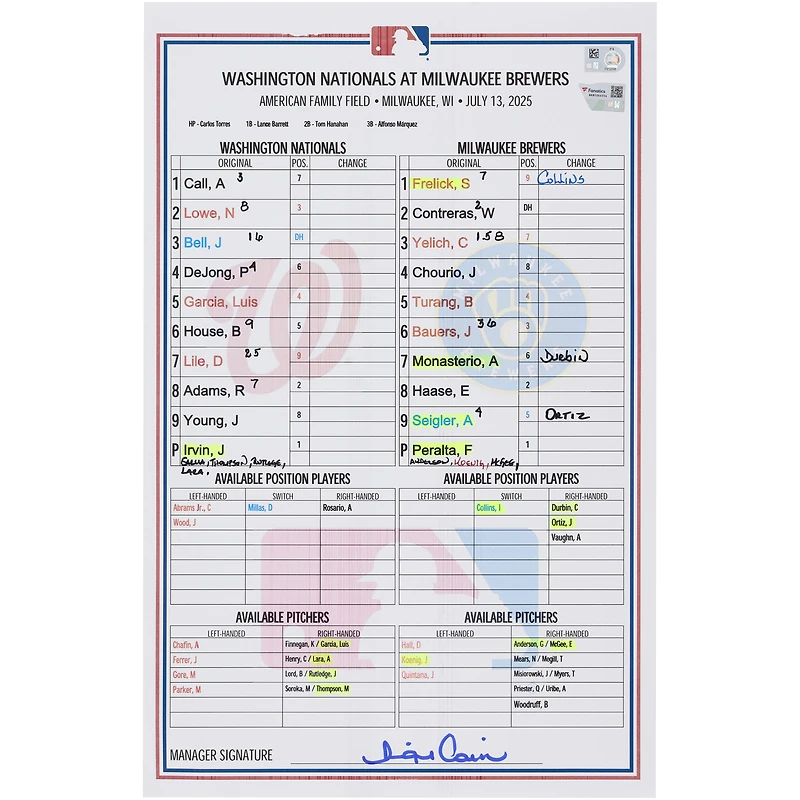 Washington Nationals Game-Used Lineup Card vs. Milwaukee Brewers on July 13, 2025