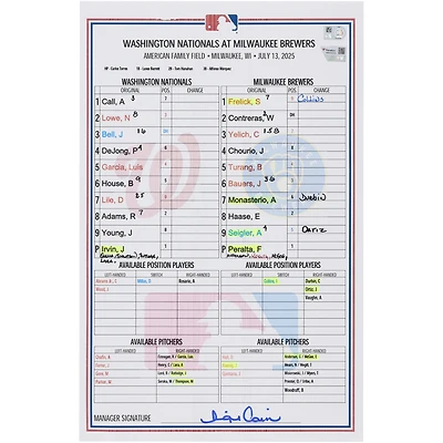 Washington Nationals Game-Used Lineup Card vs. Milwaukee Brewers on July 13, 2025