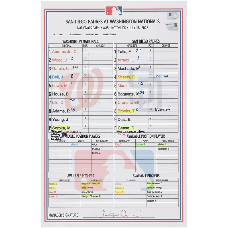 Washington Nationals Game-Used Lineup Card vs. San Diego Padres on July 18, 2025