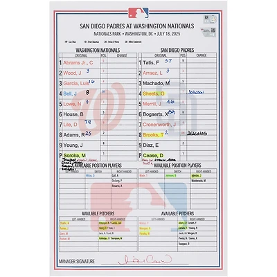 Washington Nationals Game-Used Lineup Card vs. San Diego Padres on July 18, 2025