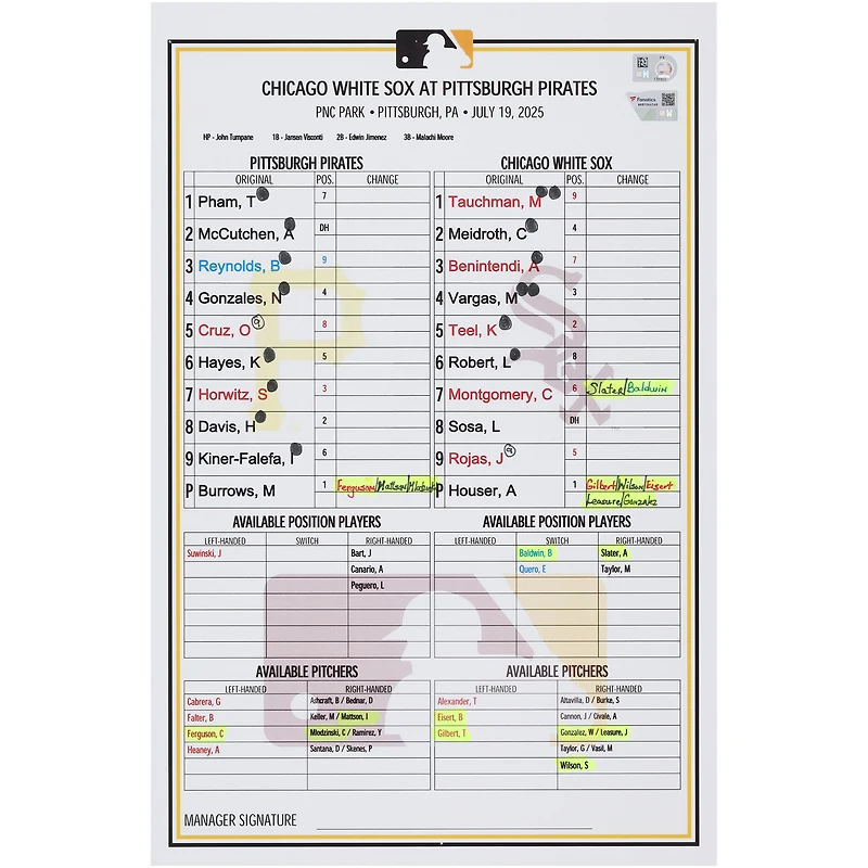 Pittsburgh Pirates Game-Used Lineup Card vs. Chicago White Sox on July 19, 2025