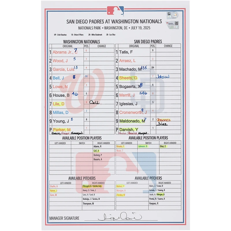 Washington Nationals Game-Used Lineup Card vs. San Diego Padres on July 19, 2025