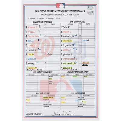 Washington Nationals Game-Used Lineup Card vs. San Diego Padres on July 19, 2025
