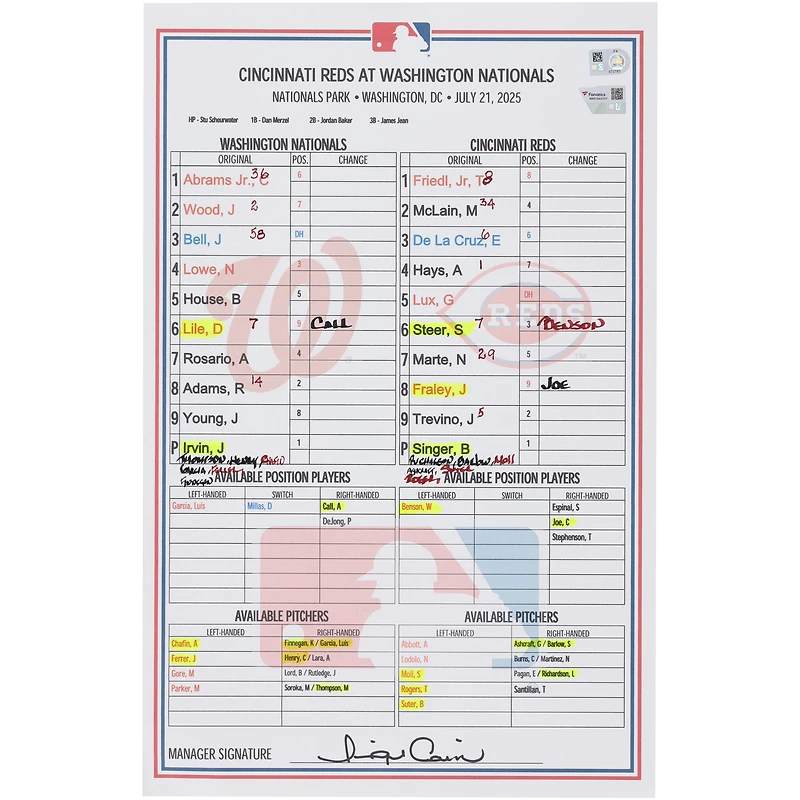 Washington Nationals Game-Used Lineup Card vs. Cincinnati Reds on July 21, 2025