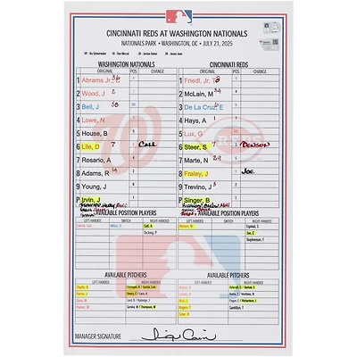 Washington Nationals Game-Used Lineup Card vs. Cincinnati Reds on July 21, 2025