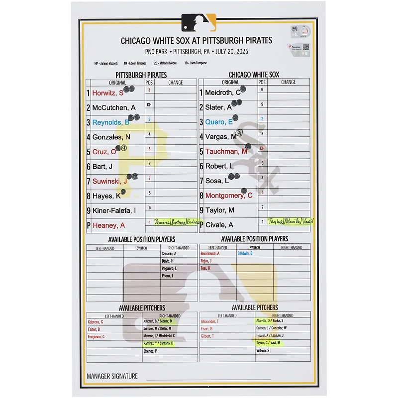 Pittsburgh Pirates Game-Used Lineup Card vs. Chicago White Sox on July 20, 2025