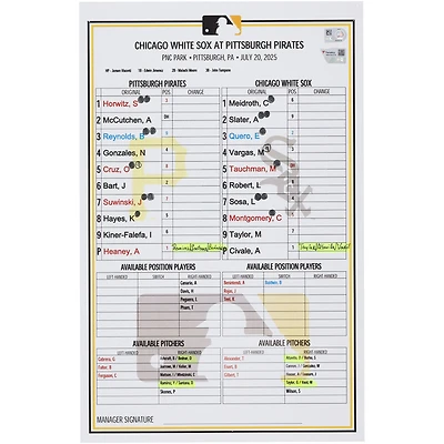Pittsburgh Pirates Game-Used Lineup Card vs. Chicago White Sox on July 20, 2025