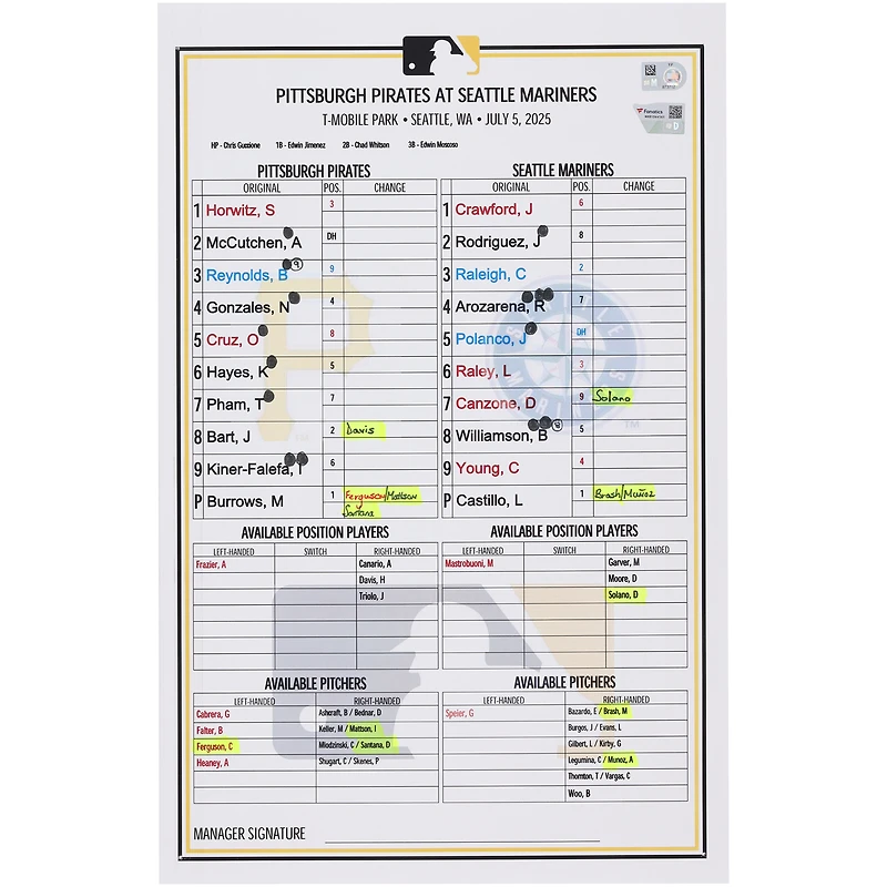 Pittsburgh Pirates Game-Used Lineup Card vs. Seattle Mariners on July 5, 2025