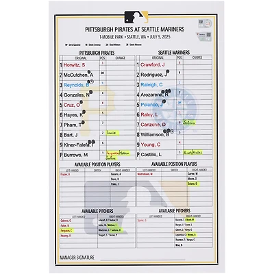 Pittsburgh Pirates Game-Used Lineup Card vs. Seattle Mariners on July 5, 2025