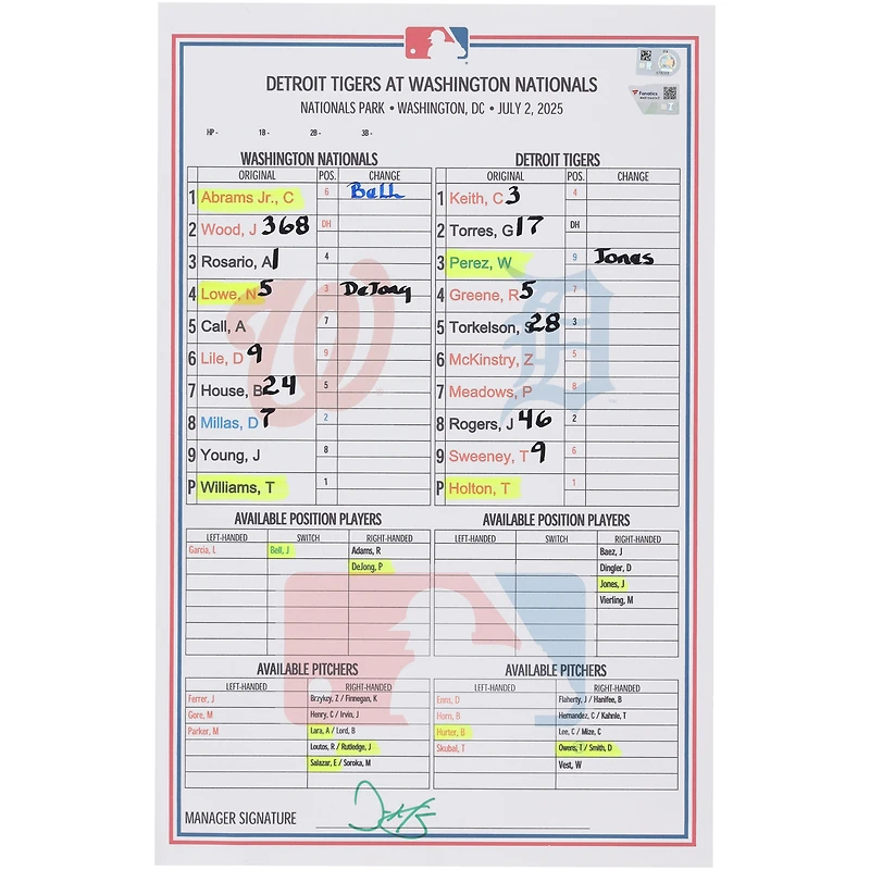 Washington Nationals Game-Used Lineup Card vs. Detroit Tigers on July 2, 2025 - Game One of Doubleheader