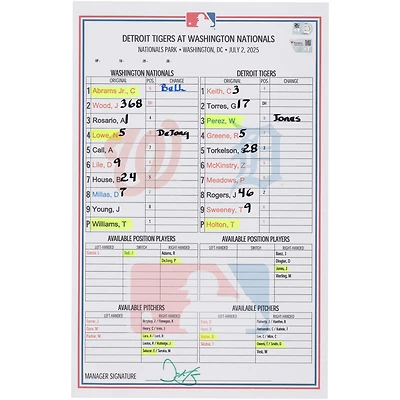 Washington Nationals Game-Used Lineup Card vs. Detroit Tigers on July 2, 2025 - Game One of Doubleheader