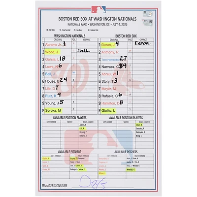 Washington Nationals Game-Used Lineup Card vs. Boston Red Sox on July 4, 2025