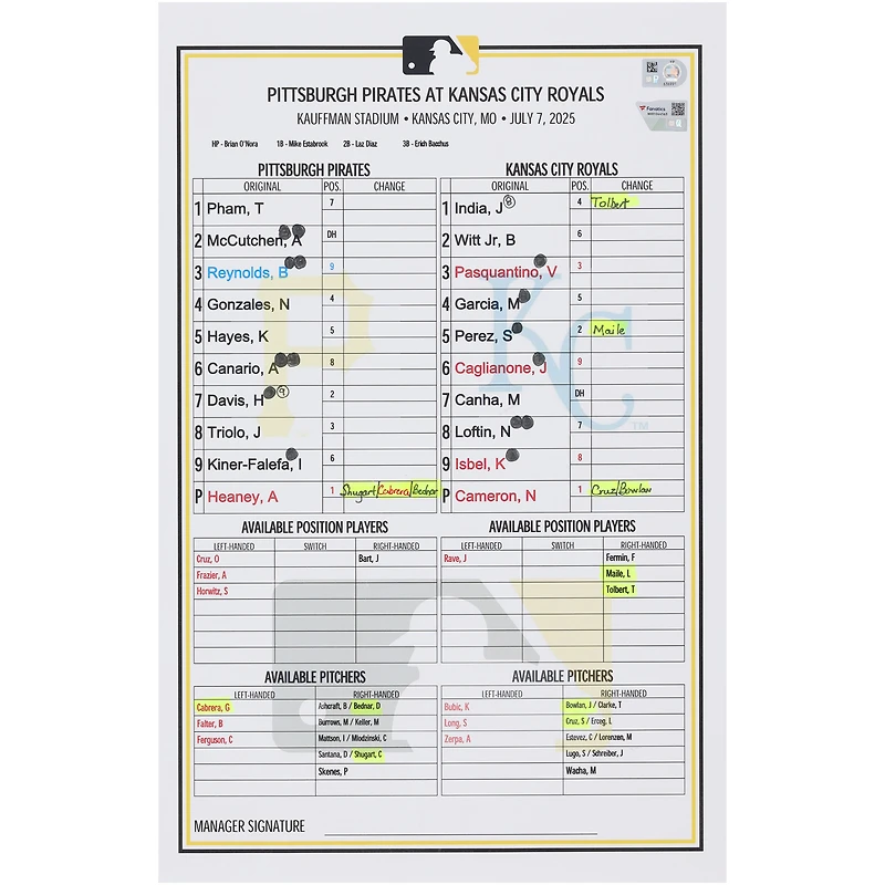 Pittsburgh Pirates Game-Used Lineup Card vs. Kansas City Royals on July 7, 2025