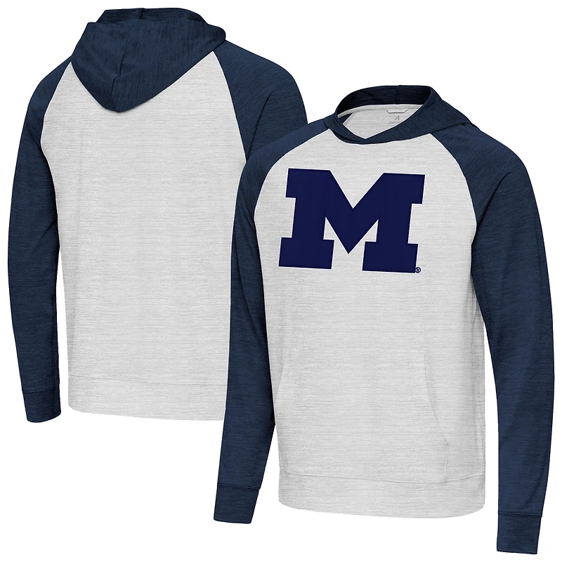 Men's Antigua Heather Navy/Gray Michigan Wolverines Urgent Pullover Hoodie