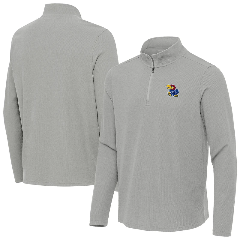 Men's Antigua Heather Gray Kansas Jayhawks Sync Quarter-Zip Waffle-Knit Tri-Blend Pullover