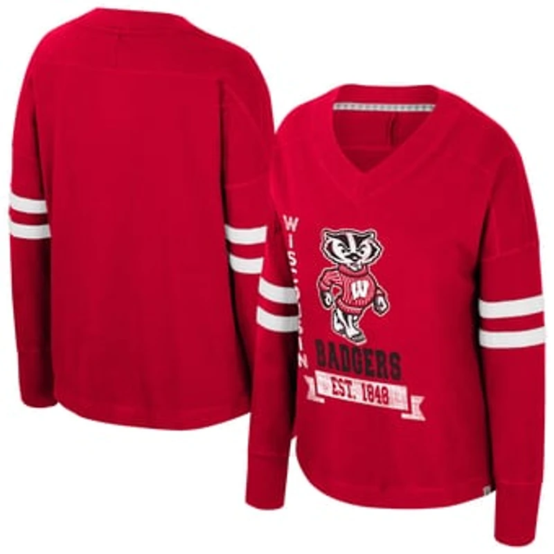 Women's Colosseum Red Wisconsin Badgers Oversized Violet Distressed V-Neck Long Sleeve T-Shirt
