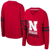 Women's Colosseum  Red Nebraska Huskers Oversized Violet Distressed V-Neck Long Sleeve T-Shirt