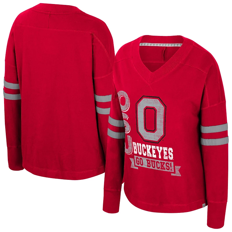 Women's Colosseum Scarlet Ohio State Buckeyes Oversized Violet Distressed V-Neck Long Sleeve T-Shirt