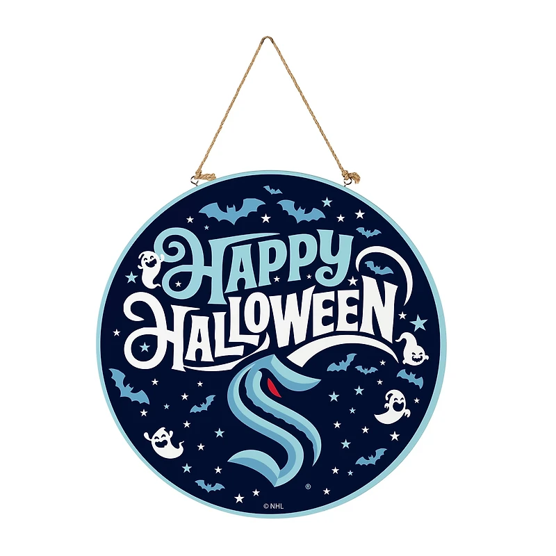 Seattle Kraken 18" Happy Halloween Wooden Round Door Sign