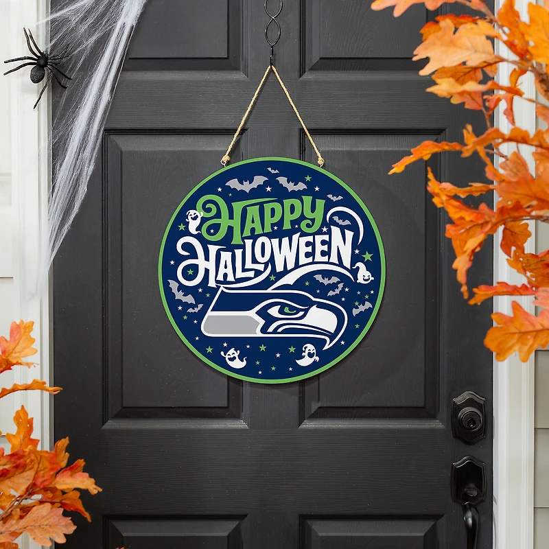 Seattle Seahawks 18" Happy Halloween Wooden Round Door Sign