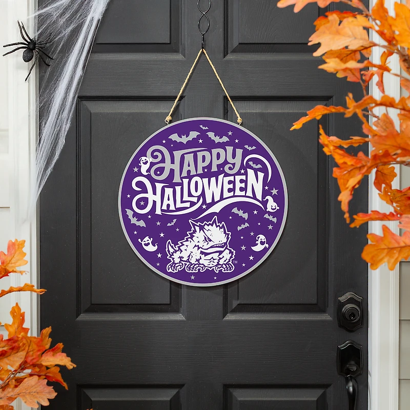 TCU Horned Frogs 18" Happy Halloween Wooden Round Door Sign