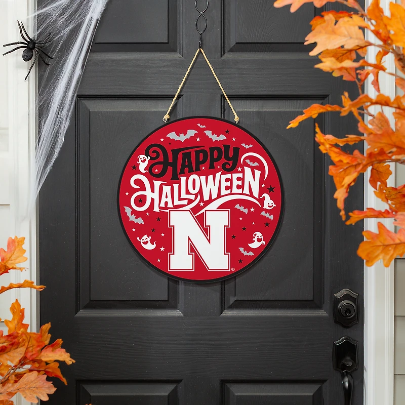 Nebraska Huskers 18" Happy Halloween Wooden Round Door Sign