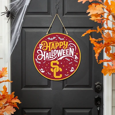 USC Trojans 18" Happy Halloween Wooden Round Door Sign