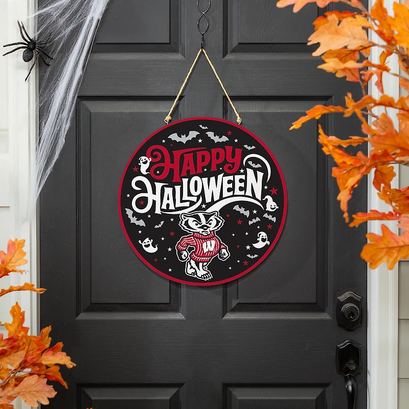 Wisconsin Badgers 18" Happy Halloween Wooden Round Door Sign