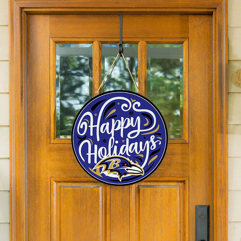 Baltimore Ravens 18" Happy Holidays Wooden Round Door Sign