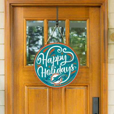 Miami Dolphins 18" Happy Holidays Wooden Round Door Sign